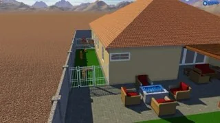 3D landscape design preview showing an outdoor seating layout beside a Buckeye-area home