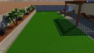 3D landscape design preview showing artificial turf, a pergola, and planting zones